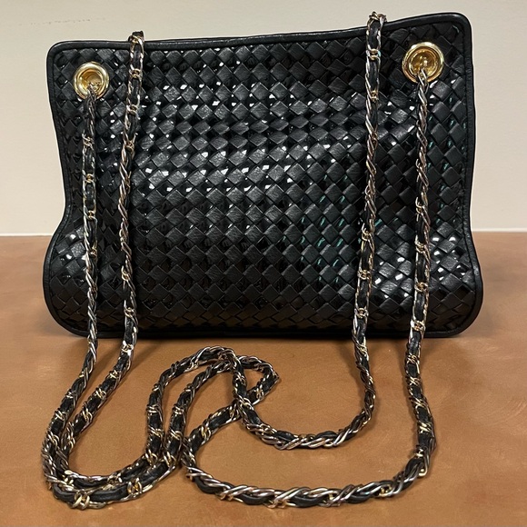 Rare Vintage Ganson Genuine Black Leather Chain Shoulder Purse - Picture 1 of 4